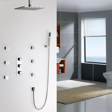 Modern 16 Inches LED Square Ceiling-Mount Rain Shower Head & 6 Body Sprays & Wall Mounted Hand Shower System Brushed Nickel
